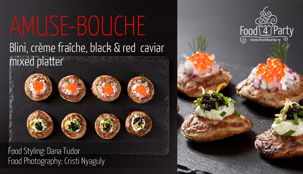 Blini, crème fraîche, black & red caviar mixed platter